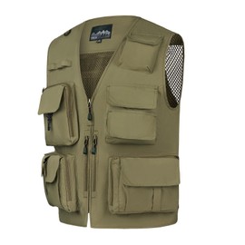 AOTORR Mens Outdoor Safari Cargo Photo Travel Work Fishing Vests for Men Multi-pockets Khaki 2XL