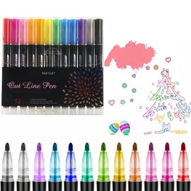 Omeblos Metallic Marker Pens, 12 Colors Glitter Felt Tip Pens Outline Markers Stocking Fillers for Teenage Girls Gifts, Double Line Pen for Girls Glitter Pen for Scrapbook Painting Art DIY