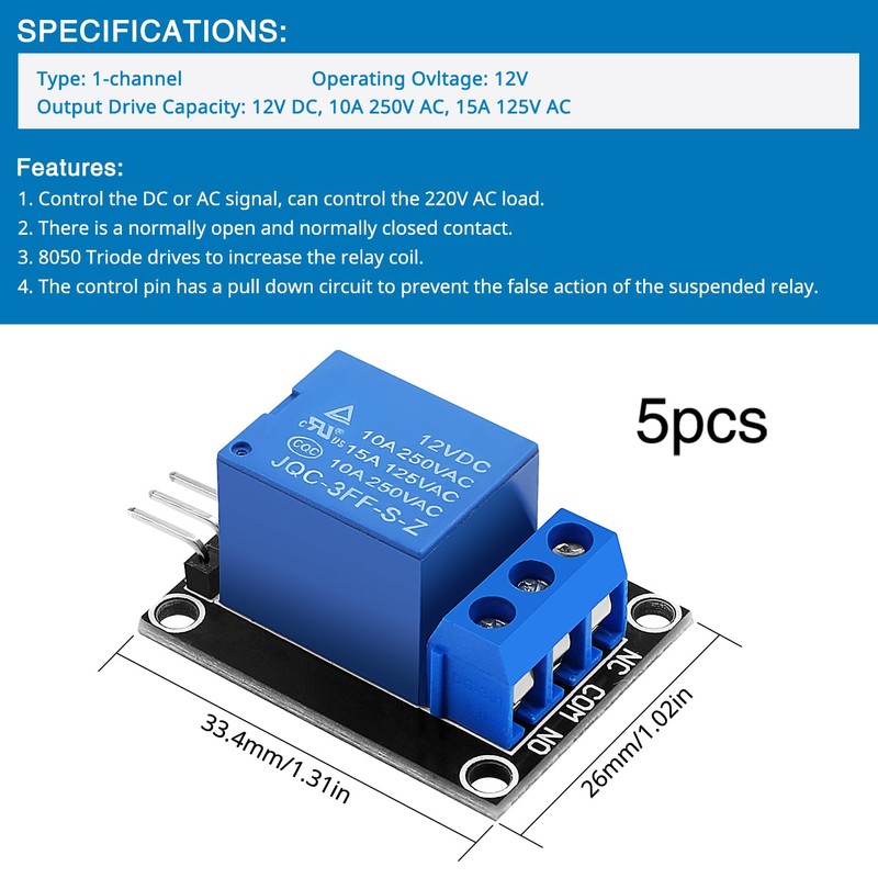 VooGenzek Pack of 5 12 V 1 Channel Relay Module