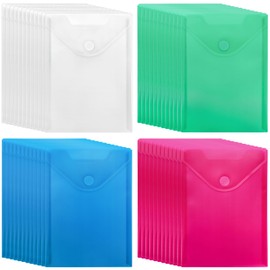 Hedume 48 Pack A5 Plastic Envelopes, 4 Colors Reusable File Folder with Hook Loop Closure, 7" X 10" Waterproof Storage Pockets for Sticker, Receipt, Photo for School and Office Supplies