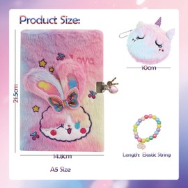 Rabbit Plush Diary with Lock for Girls, Bunny Fuzzy Journal with Lock and Key Kids Secret Diary Set Cute Notebook for Writing Drawing, Bunny Gift for Girls
