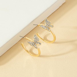 Crystal Butterfly Gold C Open Hoop Earrings for Women Simple Alloy Earrings Party Jewelry (Gold)