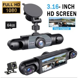 4-Channel Dash Cam 1080P HD DVR – Front, Rear, Left & Right Cameras with Night Vision, Parking Mode, 64GB Card & 3.16" Screen