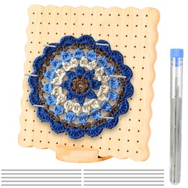 VINATO Tavola per Bloccare in Bambù, Tavola di Bloccaggio con 10 Pini in Acciaio Inox, Base e Accessori, 19.5x19.5cm - per Granny Squares all'Uncinetto, Dimensioni Medie