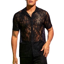 WDIRARA Men's Floral Mesh Tee Top Sheer Round Neck Short Sleeve T Shirts Black Lace XL
