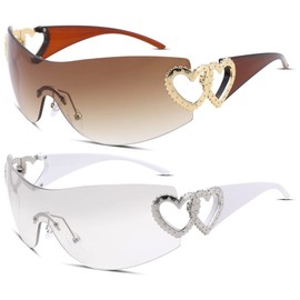 COASION Wrap Around 2000S Rimless Sunglasses for Women Men Oversized Trendy Sun Glasses Visor Shield Shades (White/Gradient Silver + Tea/Gradient Brown)