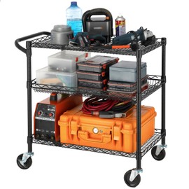 Finnhomy 3 Tier Heavy Duty Commercial Grade Utility Cart, Wire Rolling Metal Trolley with Handle Bar, Steel Kitchen Service Cart with Wheels, Food Storage Trolley on Wheels, NSF Listed, Black