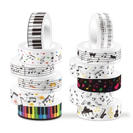 XiowDow Music Notes Washi Tape Set 12 Rolls Clear Decorative Tapes 0.6inch Width Black White Masking Tape Musical Note Printed Guitar Piano Pattern for DIY Art Craft Scrapbook Journal Supplies