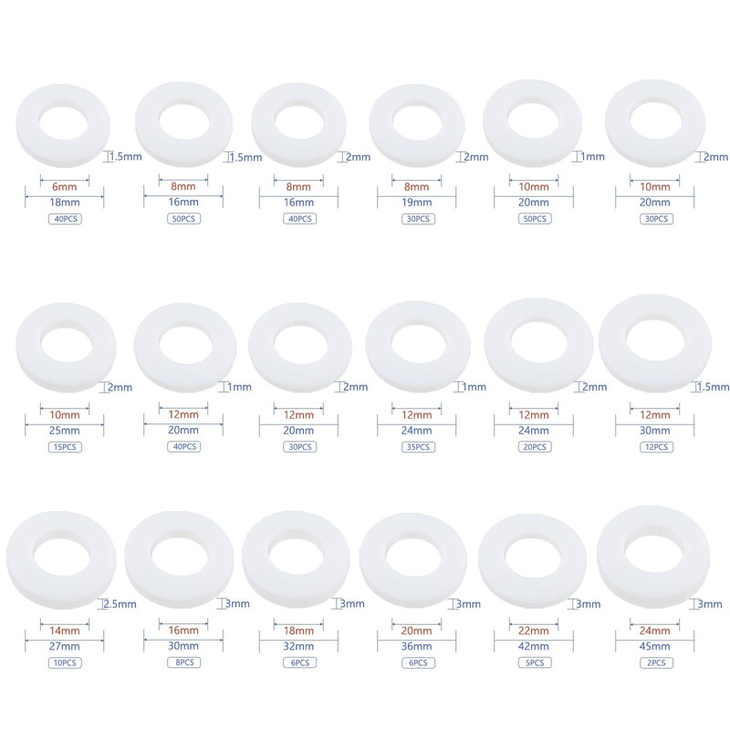 JUNCHEN 3989pcs White Flat Plastic Washers Spacers,36 Sizes Assorted Nylon