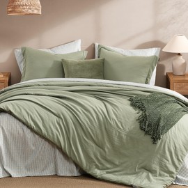 Monbix Queen Comforter Set - 7 Pieces Olive Green Prewashed Bed in a Bag Queen Bedding Sets with Comforters, All Seasons Ultra Soft Comforter Bed Set with Sheets,Pillowcases & Shams