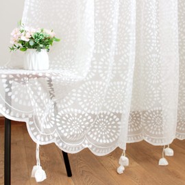 ArtisticHome Elegant Lace Valance Net, White Lace Embroidered Curtain Tie-up/down Volie Curtain for Room Decor 1 Panel, 200 x 150 cm (Wide x Drop)