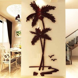 umely Wall Stickers Summer Palm Tree Tropical Stickers 3D Renewal Beach Wallpaper DIY Green Brown (Right 35.4 x 15.7 inches (90 x 40 cm)