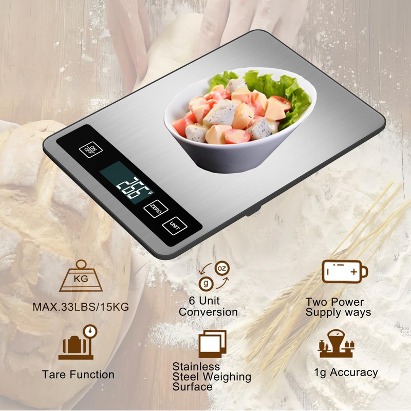 VITSOL 33lb/15kg Digital Kitchen Scale, Food Scale, High Capacity Weight