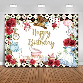 Fitumiw Wonderland Birthday Backdrop 7x5ft Tea Party Happy Birthday Background Party Decorations for Kids Fairy Tale Banner Photo Booth Props