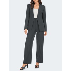 Casly Lamiit 2 Piece Pantsuits for Women Dressy Collarless Blazer Jacket Business Casual Outfits High Waisted Pants Spring Matching Work Sets Dark Grey XL
