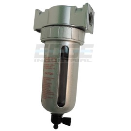 COMPRESSED AIR IN-LINE PARTICULATE FILTER, MOISTURE TRAP, 3/8" NPT PORTS, 88 CFM, 5 MICRON ELEMENT, POLY BOWL