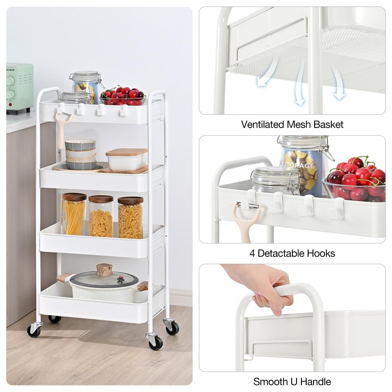 TOOLF 4-Tier Metal Rolling Cart with Wheels, Storage Utility Organizer