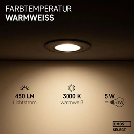 EMOS LED Recessed Spotlight 230 V, 5 W / 450 lm, 50° Swivel, Warm White 3000 K, Recessed Spotlight, LED Spotlight, Flat 68 mm Hole Size, Set of 3 LED Spotlights, 230 V, Round (Colour: Black)