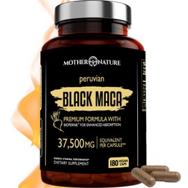 Mother Nature 37,500mg 50x Strength Organic Highly Concentrated Peruvian Black Maca Root Capsules for Men 100% Pure Maca Peruana 50:1 Extract to Boost Stamina, Enegy, Muscle Gain - 180ct
