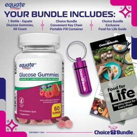 Choice Bundle Equate Glucose Gummies Compare to ReliOn Berry Flavor Gummy 60 ct Plus Food Guide & Pill Container (3 Items)!
