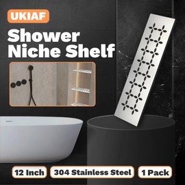 UKIAF 12 Inch Shower Niche Shelf 304 Stainless Steel Rectangular Bathroom Niche Shelf with Brushed Finish and Floral Design Fits Prefabricated Tile Niches Kerdi Board 1 Pack
