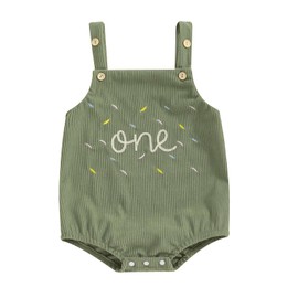 MAHUAOYIXI Baby Boy 1st Birthday Outfit Birthday Letter Embroidery Sleeveless Button Closure Romper Infant Baby Bodysuits Birthday Gift for Toddler Baby Boys (Green, 6-12 Months)