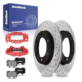 AutoShack Front Drilled & Slotted Brake Rotors Premium Ceramic Brake Pads Calipers Red | Replacement for 2004-2006 Toyota Tundra 3.4L 4.0L 4.7L 4WD RWD | E-Coated | 8-PC Brake Kit | ShadowGuard