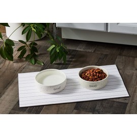 Pearhead Anti-Slip Pet Feeding Mat, Cushioned Waterproof Dog or Cat Bowl Placement Mat, Pet Owner Must Have Pet Accessory, Pet Home Décor, Stylish White with Black and Green Stripe Design
