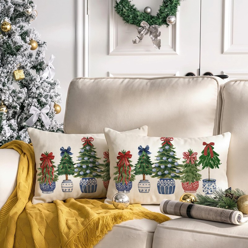 Christmas Blue Porcelain Lumbar Pillow Cover 12x20 Inch 1 Piece