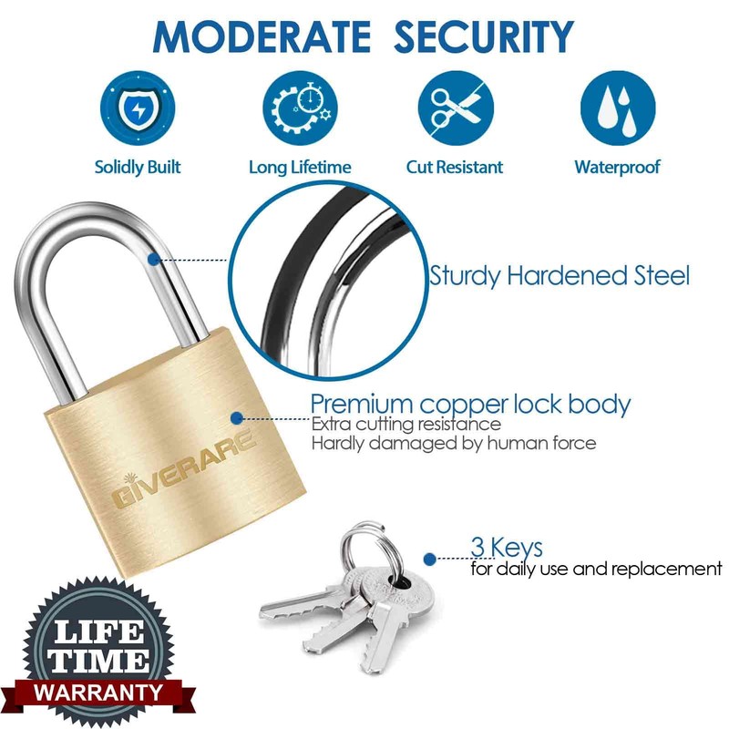4 Pack Keyed Locks with Keys, Solid Brass Copper Travel