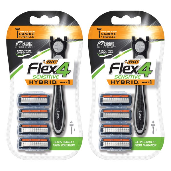 BIC Flex 4 Sensitive Hybrid Titanium Men's Disposable Razors, For a Smooth, Ultra-Close and Comfortable Shave, 8 Cartridges and 2 Handles, 10 Piece Razor Set