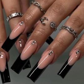 MISUD 24 pcs Coffin Press on Nails Long Ballerina Fake Nails Black French Tip Artificial Acrylic Nails Glossy Glue on Nails Full Cover 3D Rhinestone Stick on Nude False Nails with Desgin