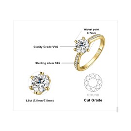 JewelryPalace Classic 1ct 1.5ct 2ct 3ct Round Cut Moissanite Solitaire Promise Ring Women's Engagement Ring 925 Silver with Stone Women Simulated Diamond Anniversary Wedding Rings Silver Rings,