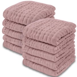 Baby Washcloths Set, Muslin Cotton Baby Towels, Large 10”x10” Wash Cloths Soft on Sensitive Skin for Boys & Girls, Newborn Baby & Toddlers Essentials Shower Registry Gift (Mauve, Pack of 10)