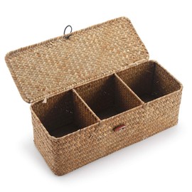 DECRAFTS Seagrass Storage Basket with Lid Small Woven Shelf Baskets Rectangular with Sections for Organize Snack Toys