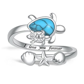 Turtle Turquoise Ring 925 sterling sliver I Love You Forever Adjustable Mother Daughter Ring Cute Animal Jewelry Gifts for Women