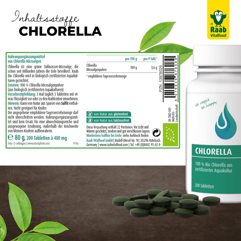 Raab Vitalfood Bio Chlorella-Tabletten aus reinen Micro-Algen, 200 Stück, vegan,