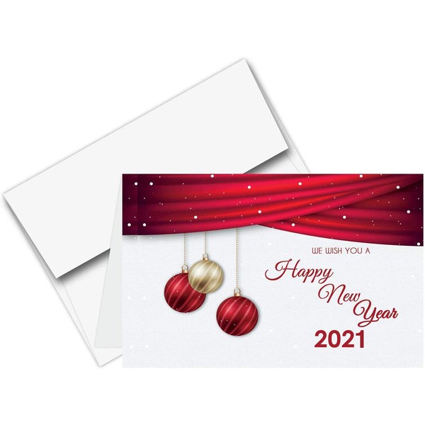 2022 Happy New Year Cards & Envelopes | Christmas, Holiday, Xmas, New Year's Red Thank You Greeting Card Set – 25 Half Fold Cards & A7 Envelopes | 5 x 7 Inches