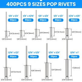 SDTC Tech 400pcs Sliver Pop Rivets Assortment Kit, 9 Sizes Aluminum Rivets (1/8" 3/16"), Assorted Blind Rivets for Metal, Furniture, Automotive, Instruments