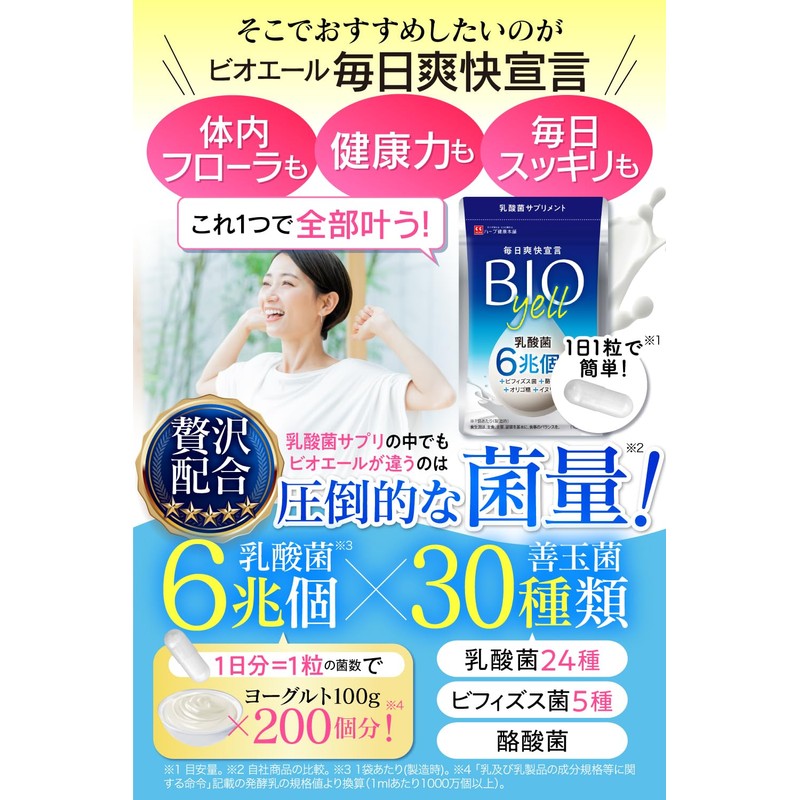 ビオエール 毎日爽快宣言 生きた乳酸菌 贅沢配合 6兆個 有胞子性乳酸菌 ビフィズス菌 酪酸菌 オリゴ糖 イヌリン