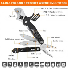 Adjustable Ratchet Wrench Multitool, 14-IN-1 Foldable EDC Tool, Camping Accessories Survival Gear, Dad Husband Grandpa Men Cool Gadget Stocking Stuffers Gift, Christmas Birthday Father'day Gift