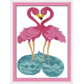 Happy Forever Cross Stitch Kits 11CT Stamped Patterns for Kids and Adults, DIY Preprinted Embroidery Kit for Beginner, Animals (D684 Flamingo Couples, Size 12''x15'')