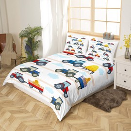 Children's Baby Tractor Bed Linen 135 x 200 cm Tractor Vehicles Excavator Combine Harvester Bedding Set Girls Boys Teenagers Cars Decor Soft Microfibre Duvet Cover Set with 1 Pillowcase 80 x 80 cm