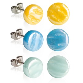 3er Ohrringe Set bunt • Runde Ohrstecker mit Stein in gelb, blau, mint • Bunte Perlmutt Ohrringe für Damen • Nachhaltiger Modeschmuck aus Edelstahl & Glas • Ø 8mm
