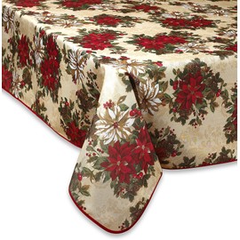 Violet Linen European Holiday Christmas Poinsettia Garden Design Decorative Printed Tablecloth, 60" X 102, Beige