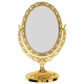 MAGICLULU Vintage Double Side Makeup Mirror Desktop Antique European Style Two Sided Swivel Oval Tabletop Vanity Makeup Mirror with Embossed Hollow Flower Shiny Pedestal (Gold)
