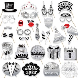 HOWAF 29PCS Silver Happy New Year Photo Booth Props with Photo Frame,2025 New Year Decoration Selfie Props,Black Silver New Years Props for NYE Party,2025 NYE Cheers to The New Year Selfie Props