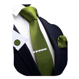 Gusleson Olive Green Ties for Men Solid Silk Necktie With Cufflinks and Pocket Square Sets (UK6101-20)