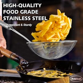 Anaeat Stainless Steel Spider Skimmer, Set of 3 Professional Kitchen Pasta Strainer Spoon with Long Handle - Asian Strainer Ladle Wire Skimmer Spoons for Cooking and Frying (4.5"+5.3"+6.1")