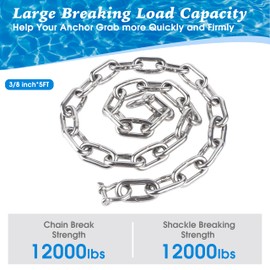 Boat Anchor Chain, 316 Stainless Steel Marine Grade Anchor Lead Chain-3/8 Inch x 5 Feet with Dual 5/16 Inch Lock Ring Shackles for Boats, Works with Different Anchors